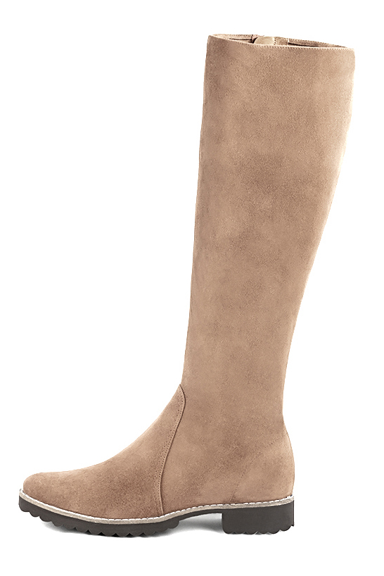 Tan beige women's riding knee-high boots. Round toe. Flat rubber soles. Made to measure. Profile view - Florence KOOIJMAN